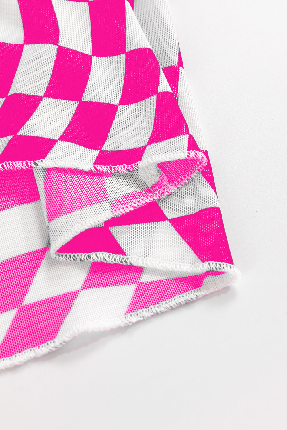 Checkered Pattern Mesh Mock Neck Long Sleeve Top