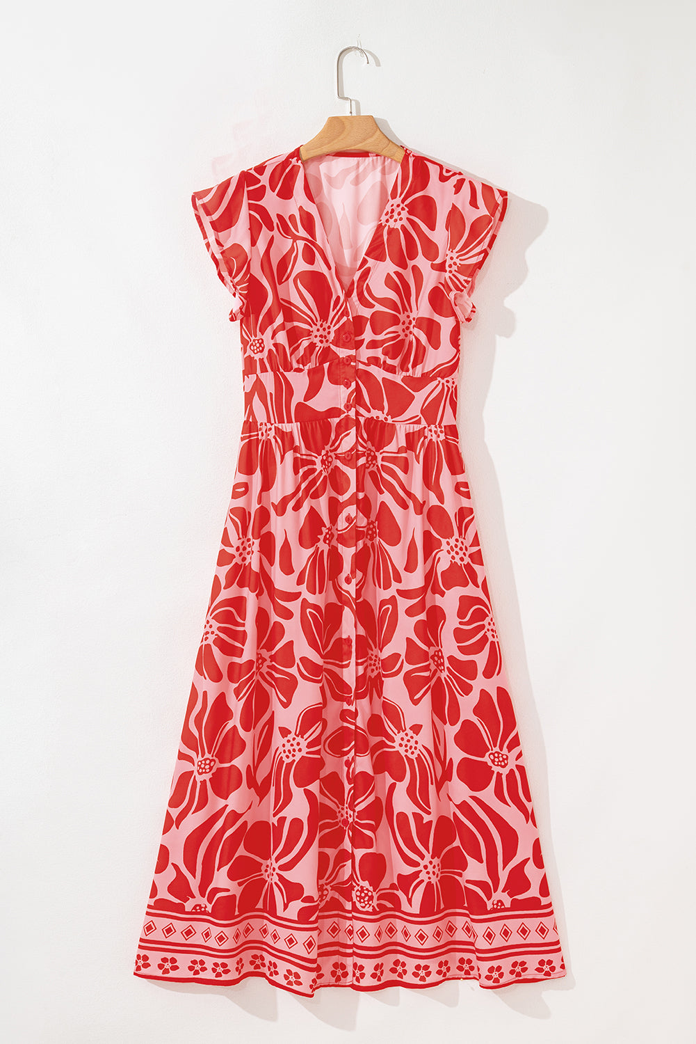 Boho Floral Short Sleeve V Neck Buttoned Shirred Waist Long Dress