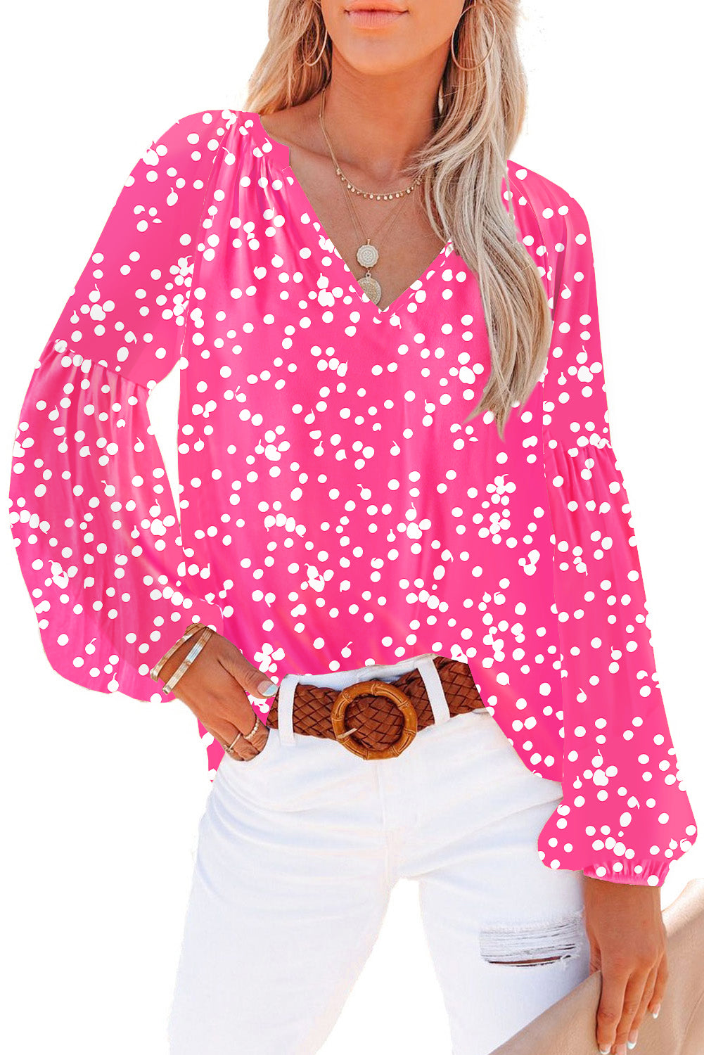 Floral Print V Neck Long Puff Sleeve Top