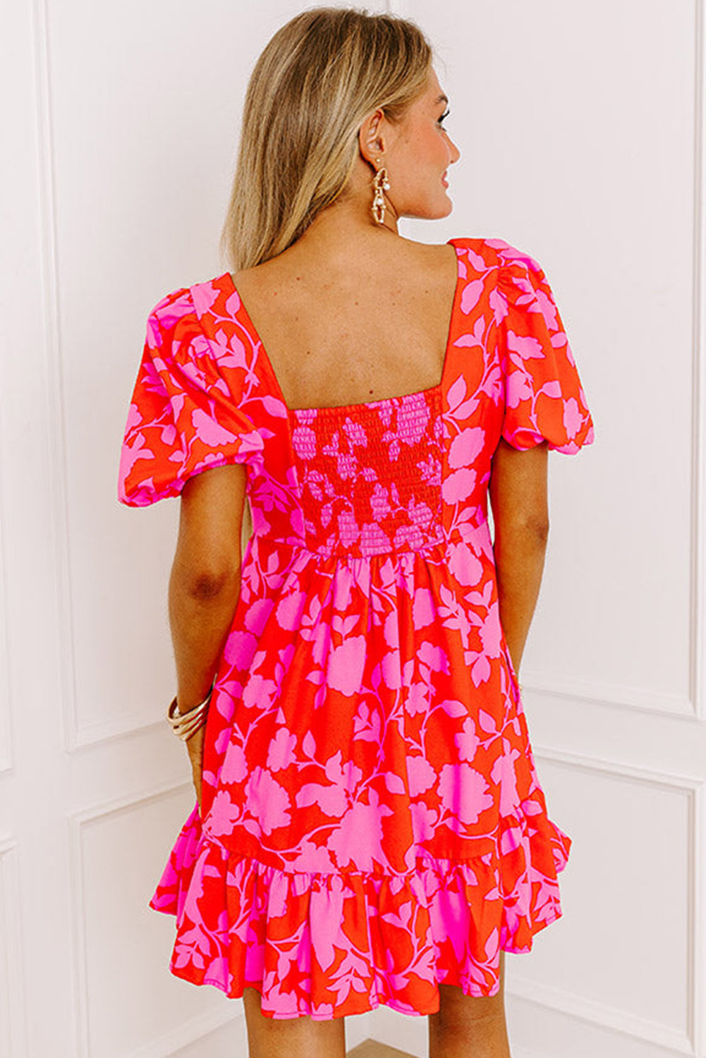 Floral Bubble Sleeve Sweetheart Neck Ruffled Mini Dress