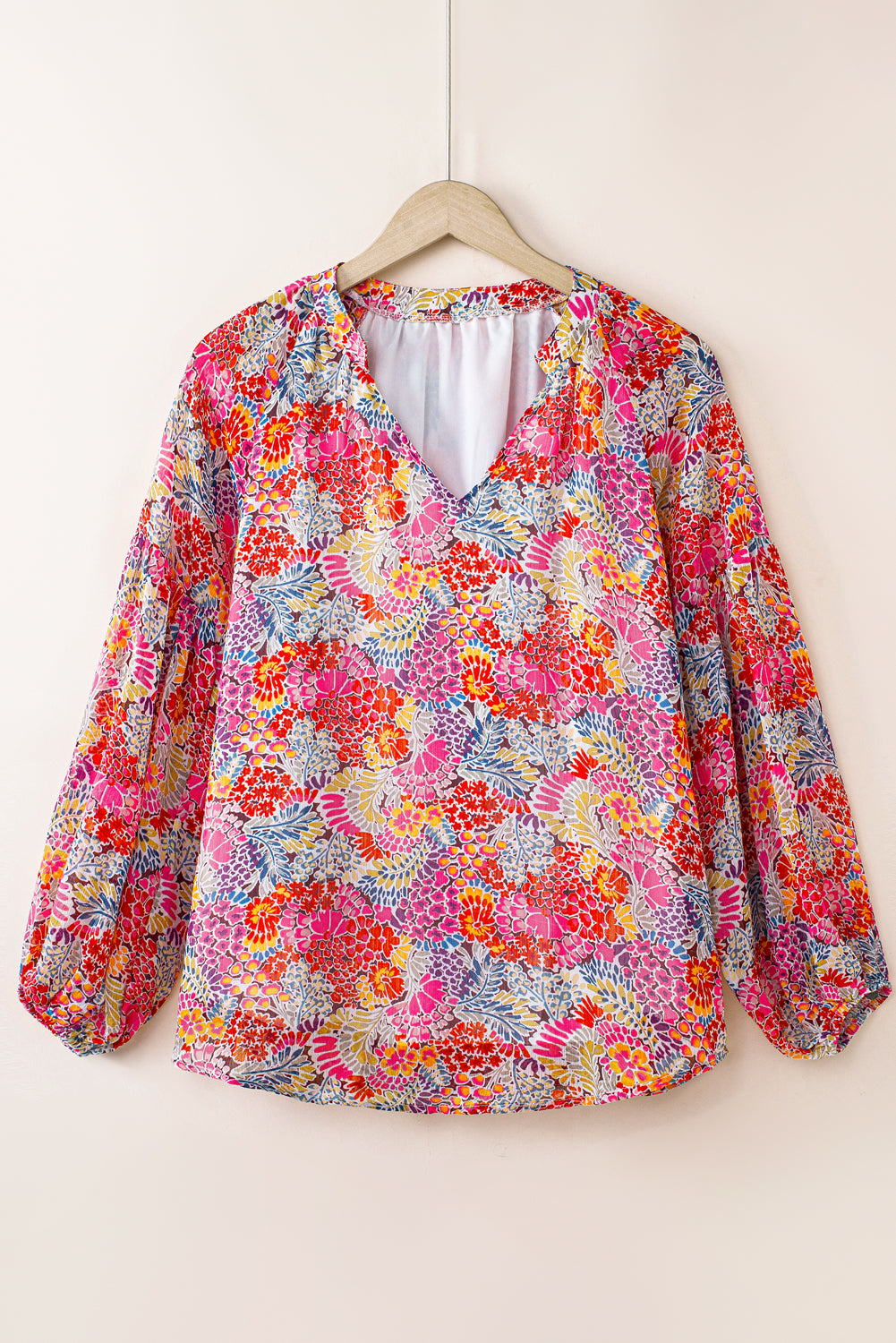 Floral Print V Neck Long Puff Sleeve Top