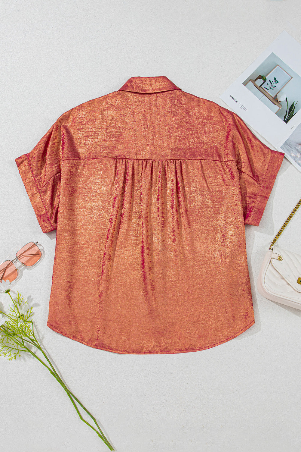 Plus Size Metallic Sheen Short Sleeve Button Up Shirt