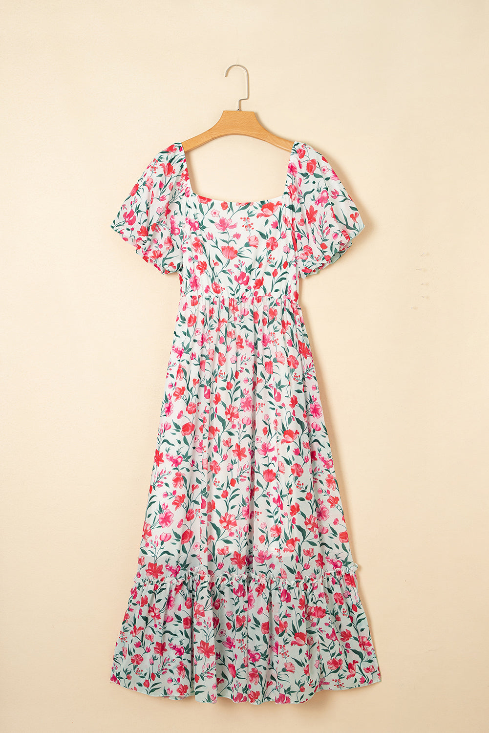 Floral Puff Sleeve Square Neck Empire Waist Tiered Maxi Dress
