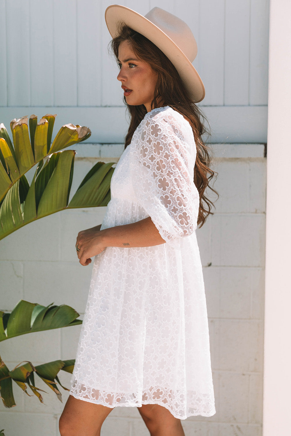 Floral Lace Puff Sleeve Empire Waist Mini Dress