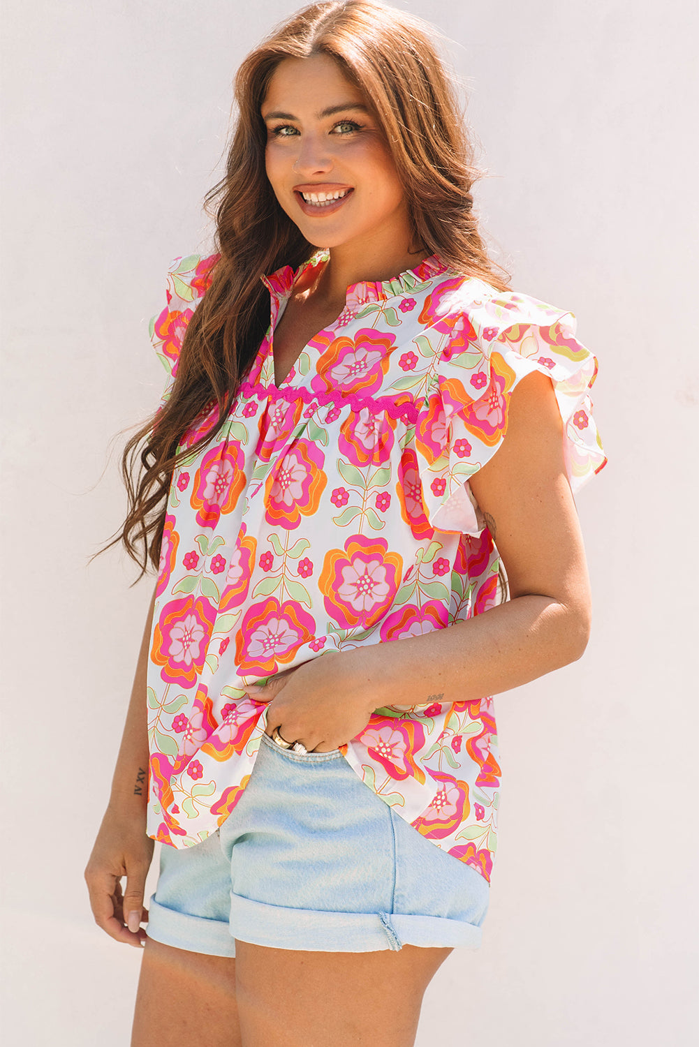 Floral Ruffled Sleeve Ric-rac Trim Split Neck Loose Blouse