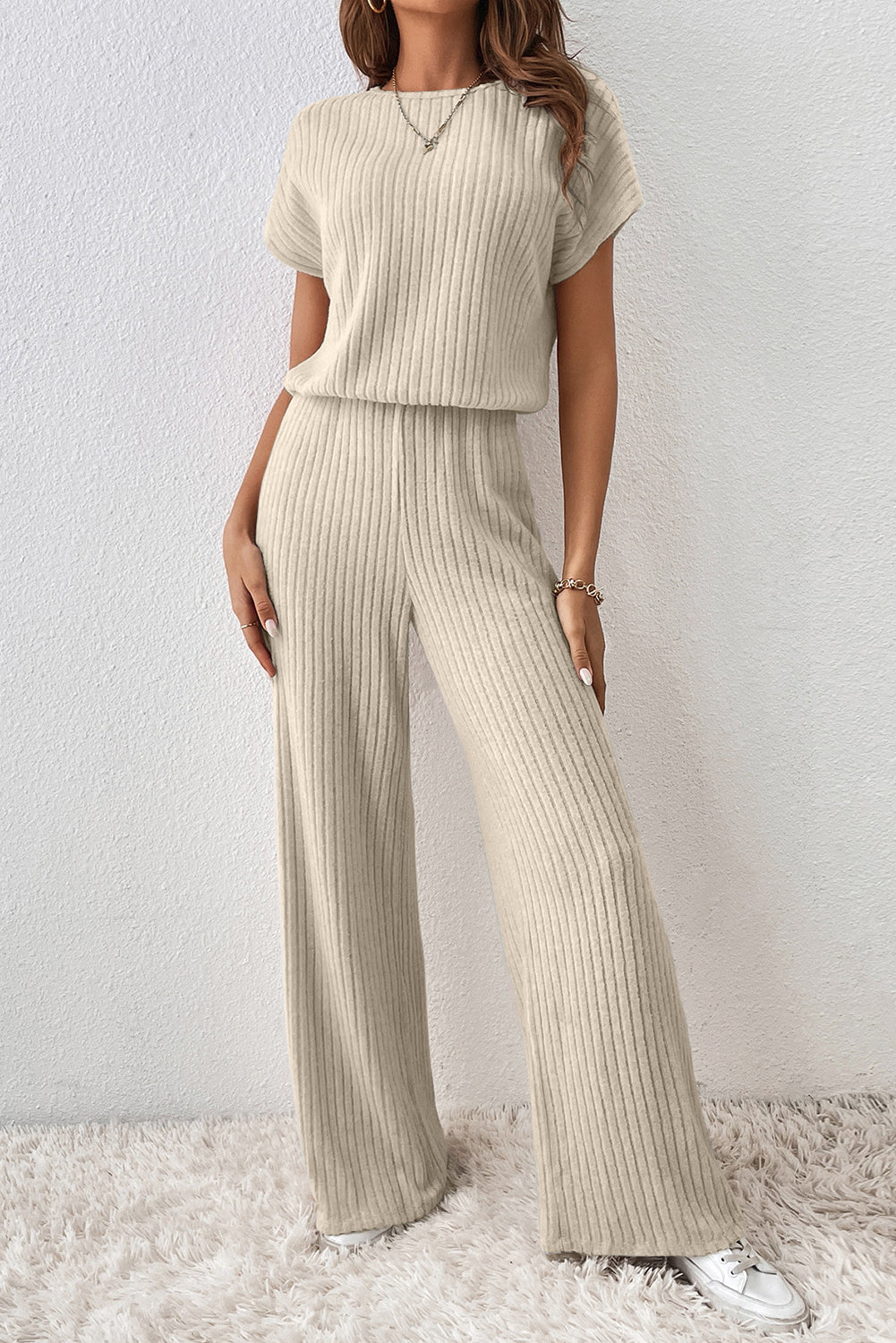 Ribbed Keyhole Short Sleeve Wide Leg Jumpsuit