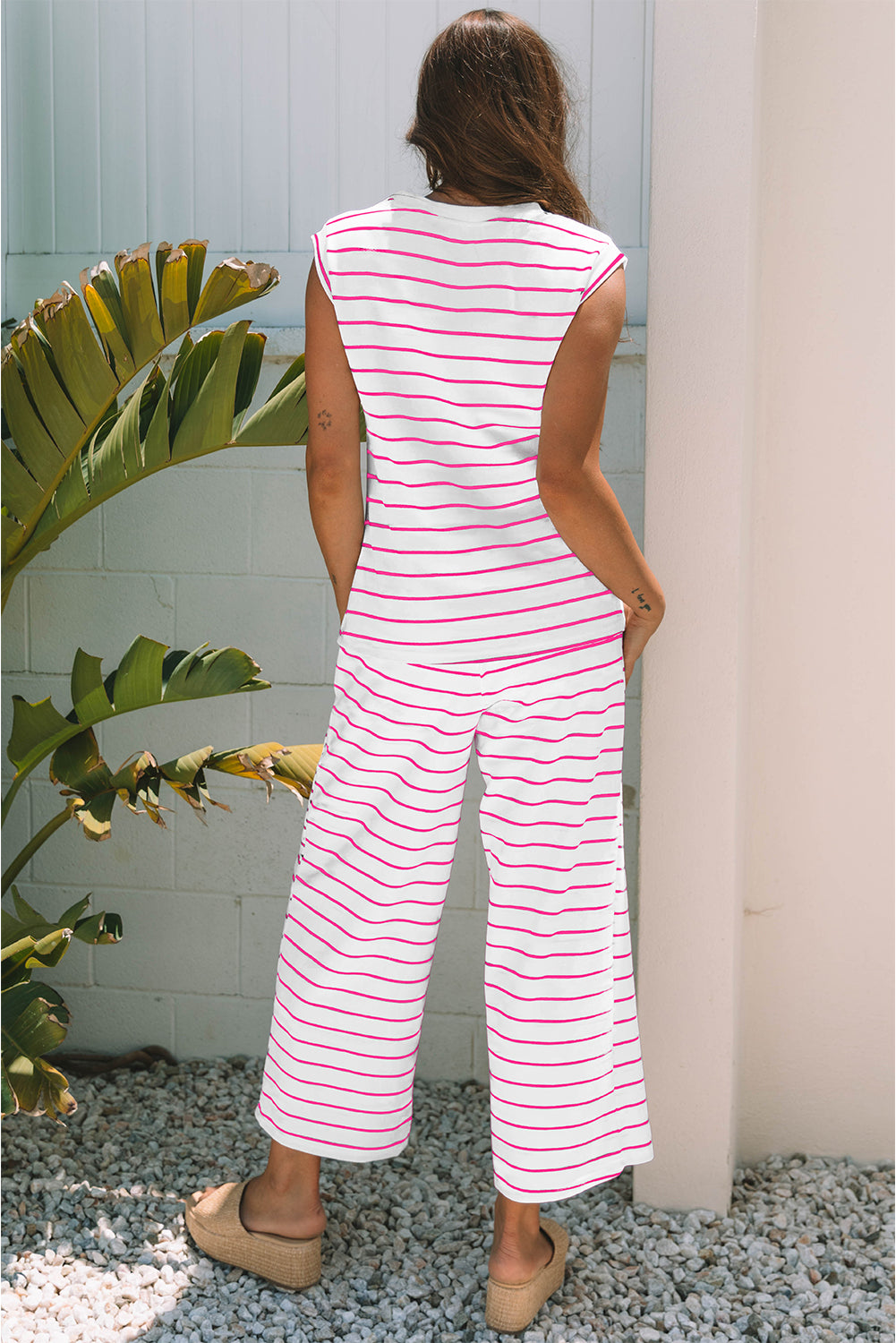Stripe Casual Wide Leg 2pcs Pants Set