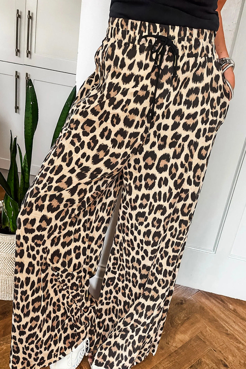 Leopard Drawstring Flowy Wide Leg Pants