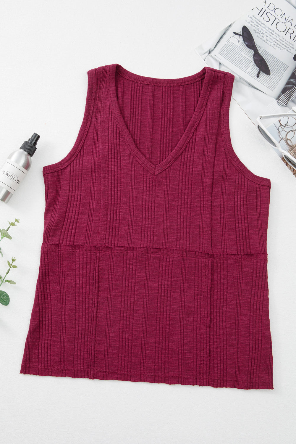 Ribbed Textured Exposed Stitching Knit Tank Top