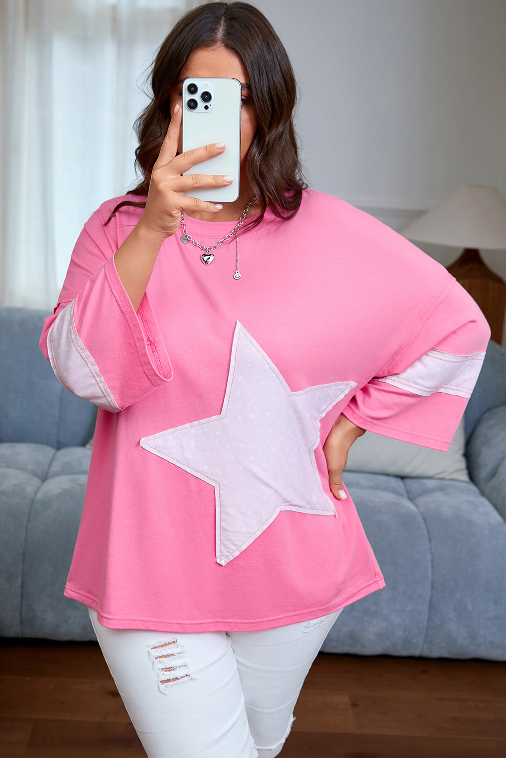 Star Patched Colorblock Raw Edge Bracelet Sleeve Plus Size Loose Tee