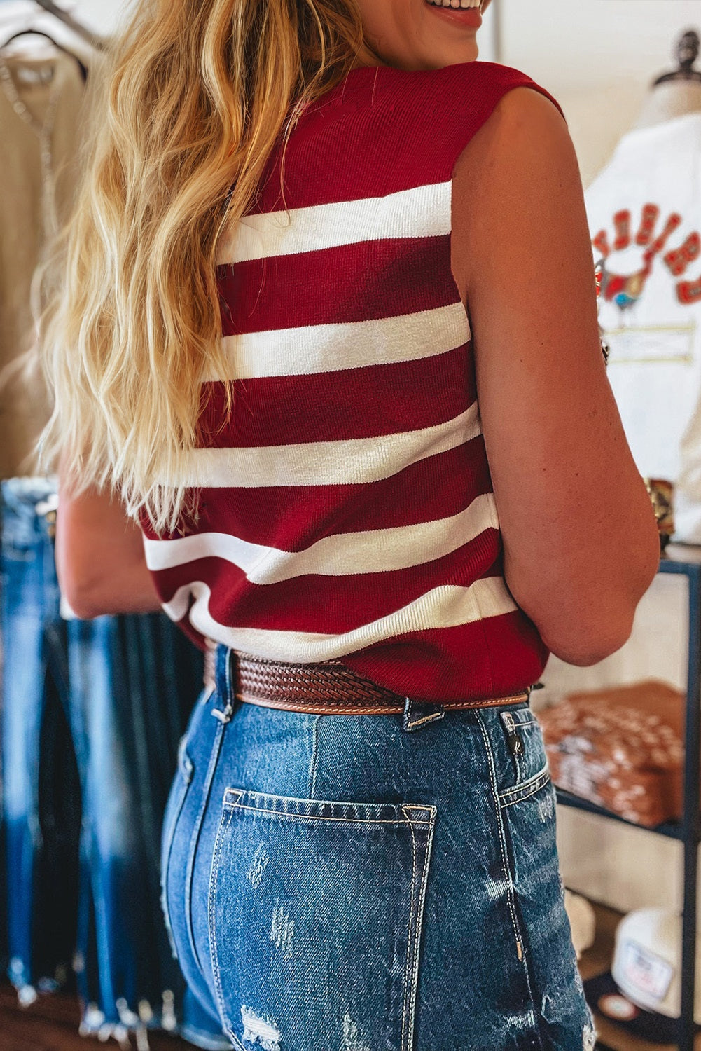 Stripe Collared Split Neck Sweater Vest