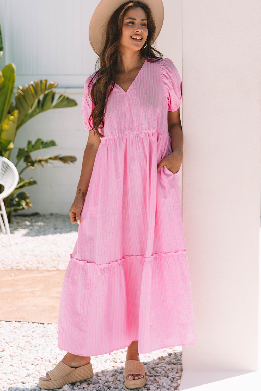Stripe V Neck Puff Short Sleeve Maxi Dress