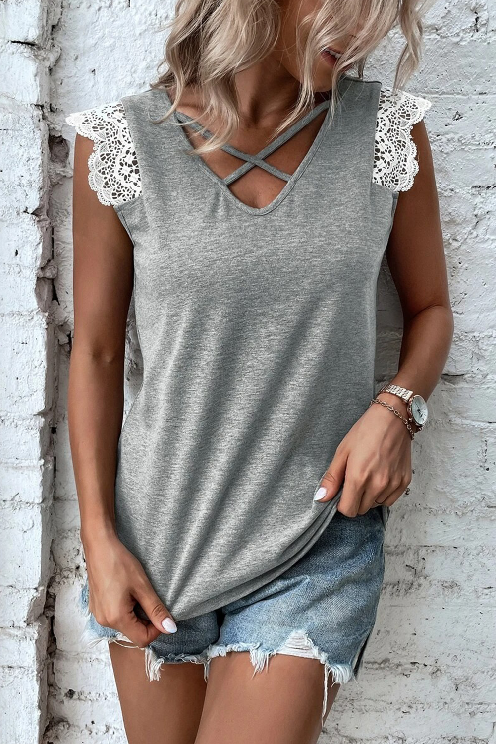 Lace Patchwork Criss Cross V Neck Tank Top