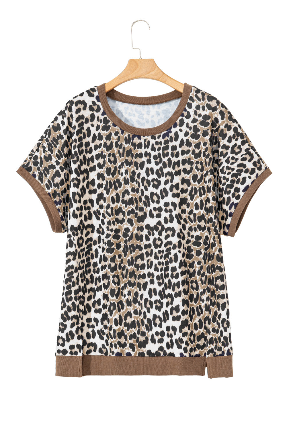 Leopard Contrast Trim Short Sleeve Loose Plus Size Top