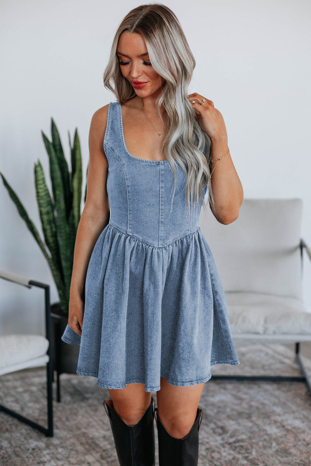 Square Neck Bowknot A-line Sleeveless Denim Dress