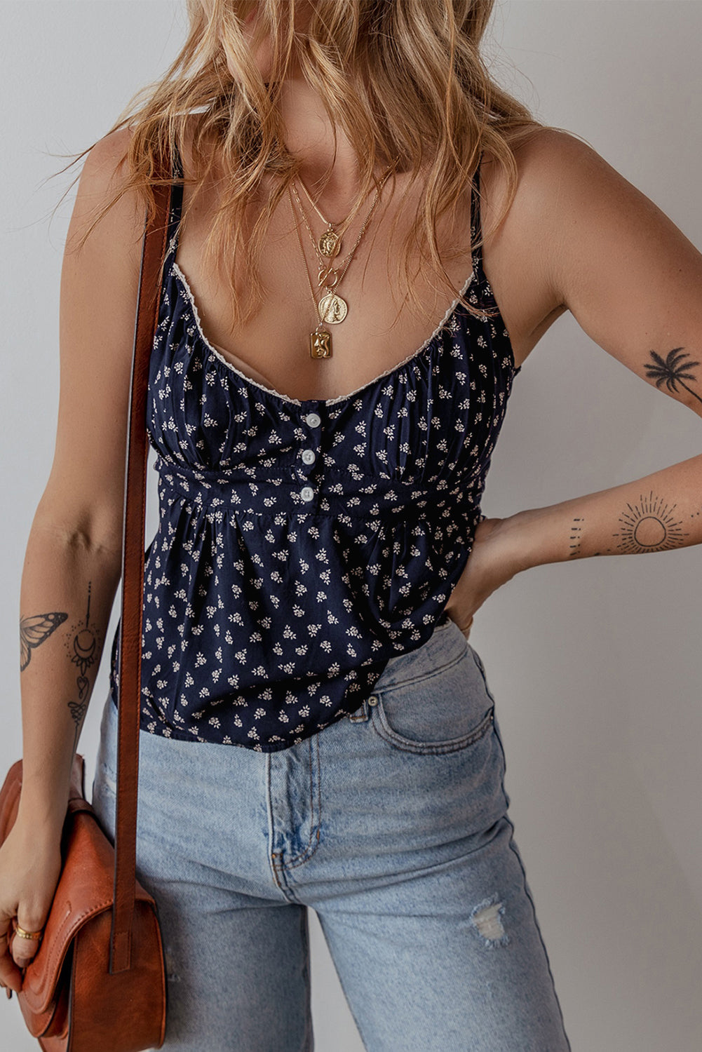 Floral Print Spaghetti Strap Buttoned V Neck Tank Top