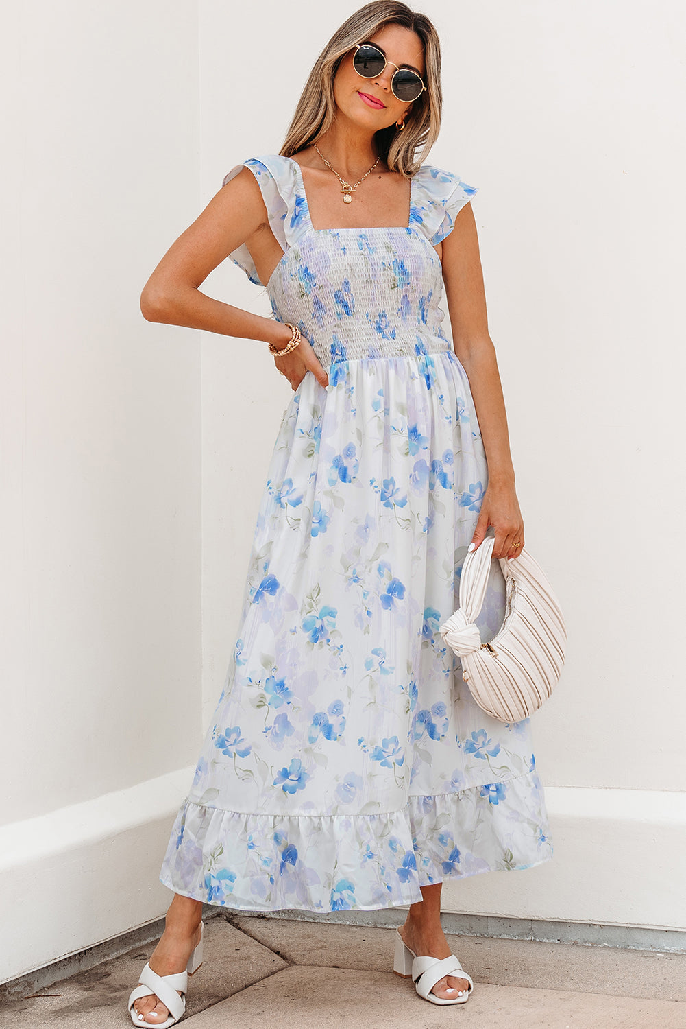 Floral Smocked High Waist Double Ruffle Sleeveless Long Dress