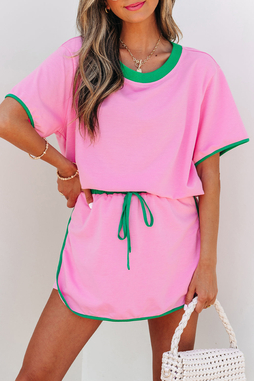 Colorblock Edge Drop Shoulder T Shirt and Skort 2Pcs Set