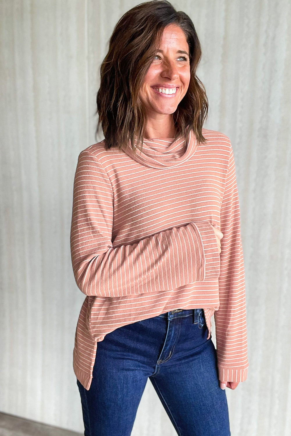 Cowl Neck Side Slits Loose Fit Long Sleeve Top