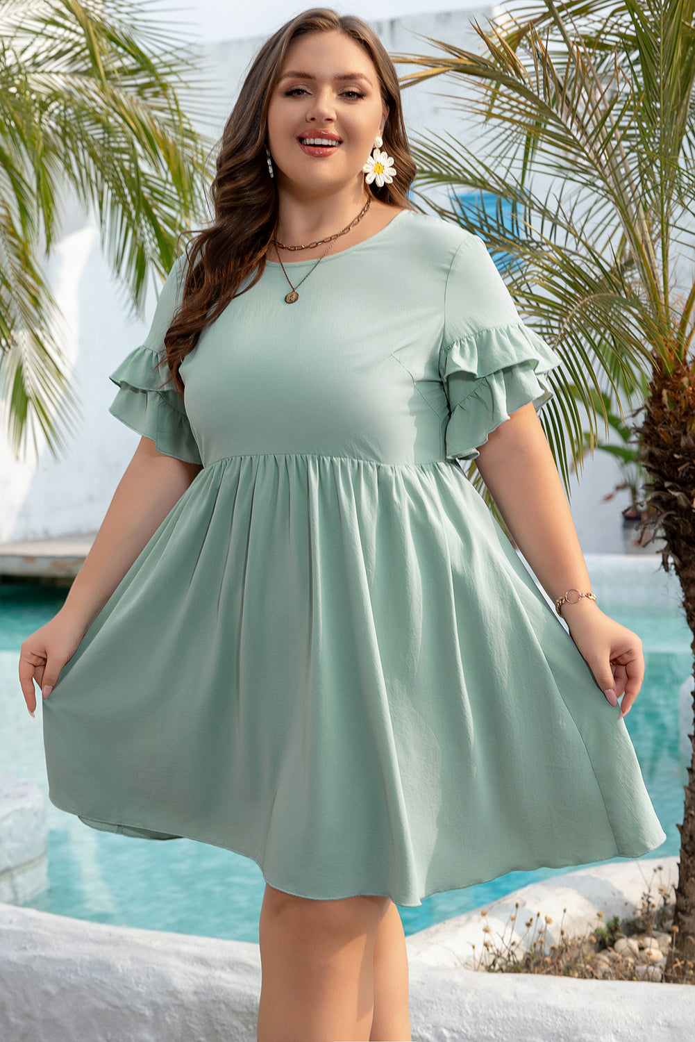 Ruffle Trim Short Sleeve Plus Size Flared Mini Dress