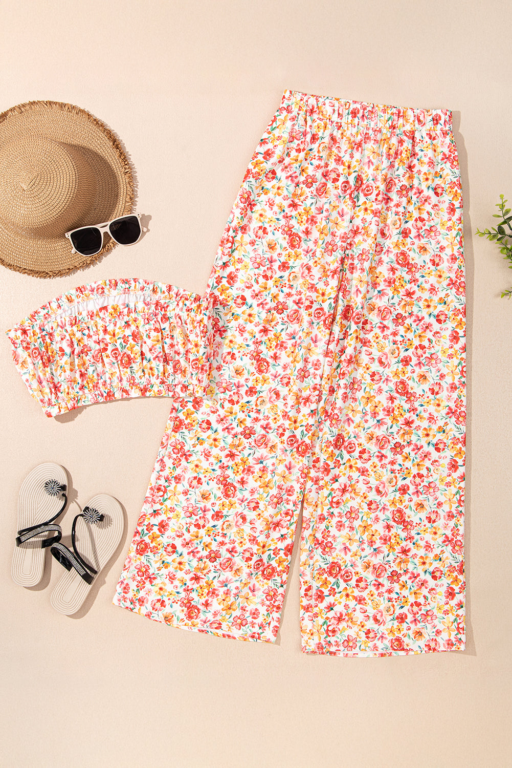 Boho Floral Bandeau Top and High Waist Wide Leg Pants Set