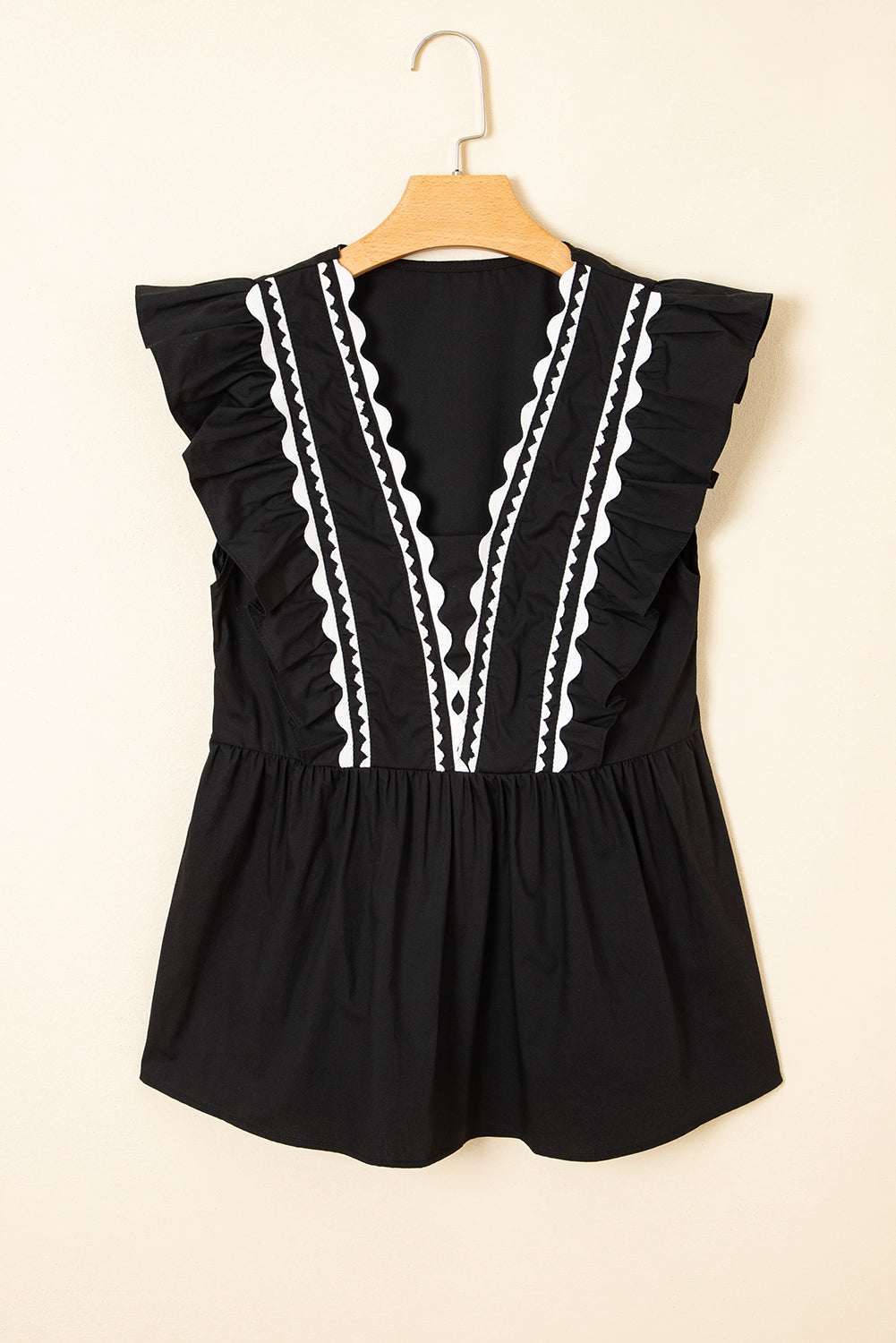 Contrast Ricrac Trim Ruffled V Neck Peplum Top