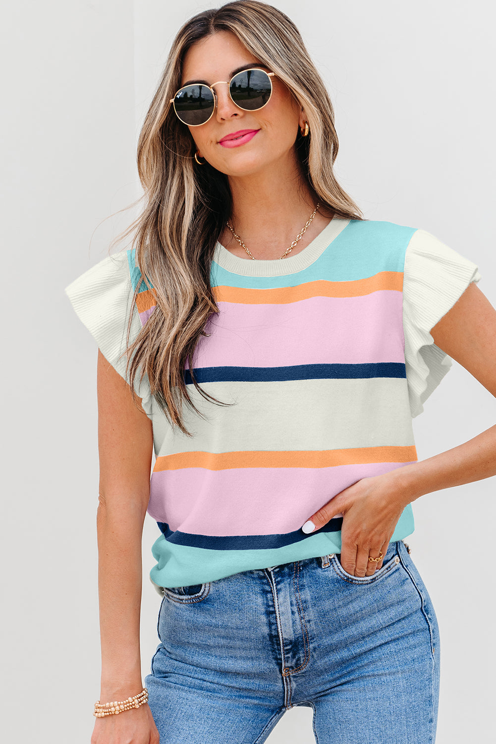 Striped Color Block Flutter Sleeve Patchwork Sweater Top