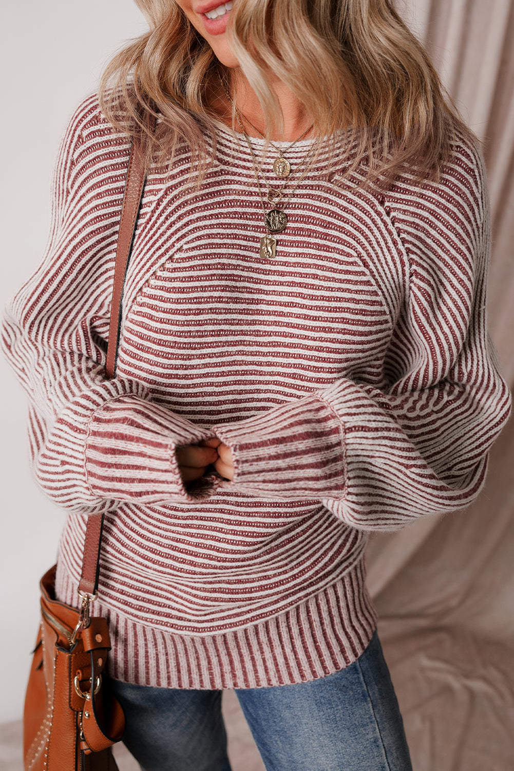 Striped Print Ribbed Knit Boat Neck Baggy Sweater