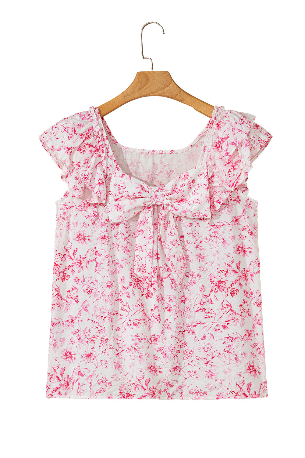 Floral Ruffled Short Sleeve Bow Back Square Neck Blouse
