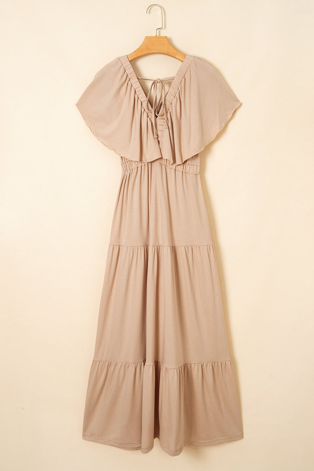 Textured V Neck Flutter Sleeve Ruffled Maxi Dress
