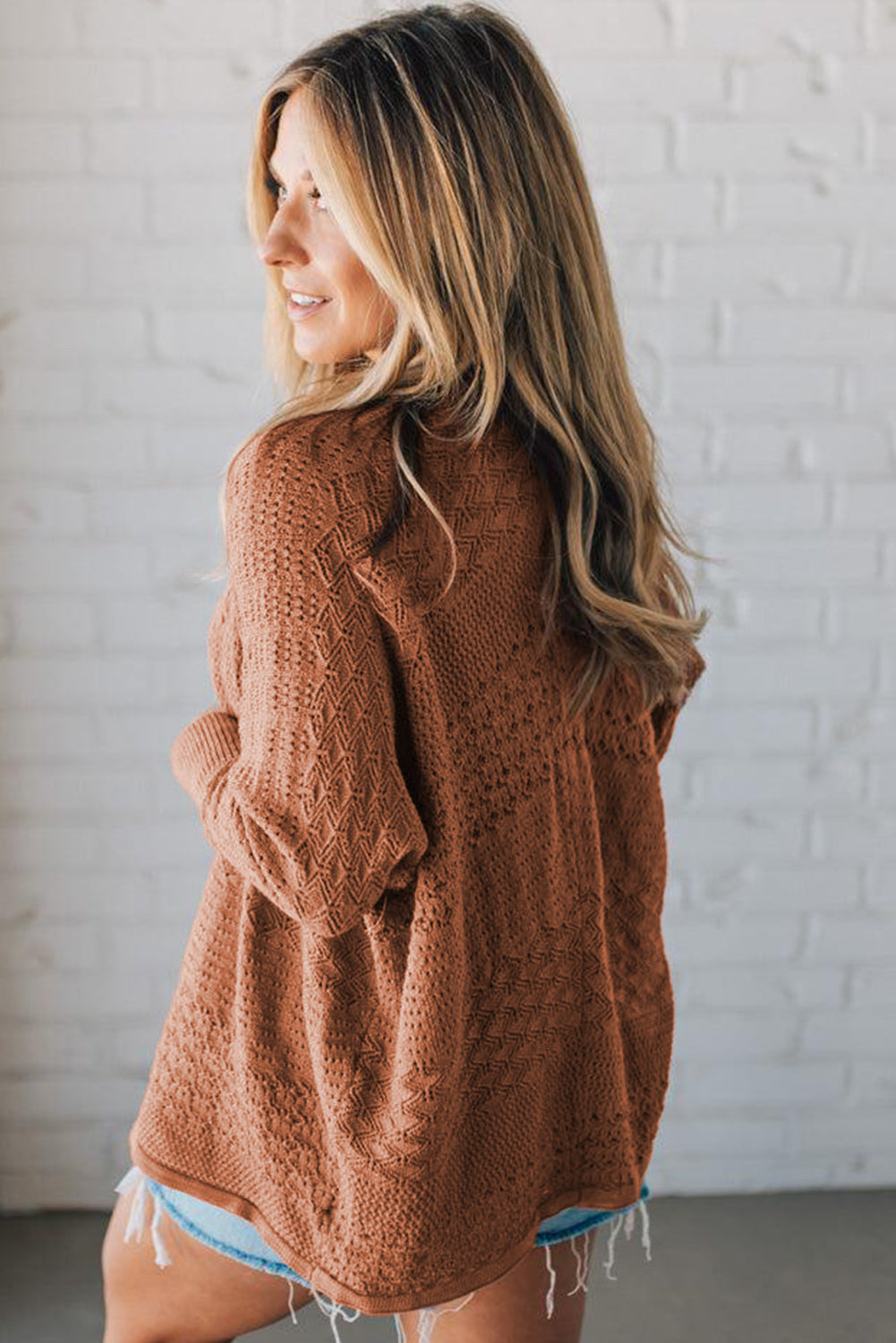 Mix Pattern Hollowed Knit Open Front Cardigan
