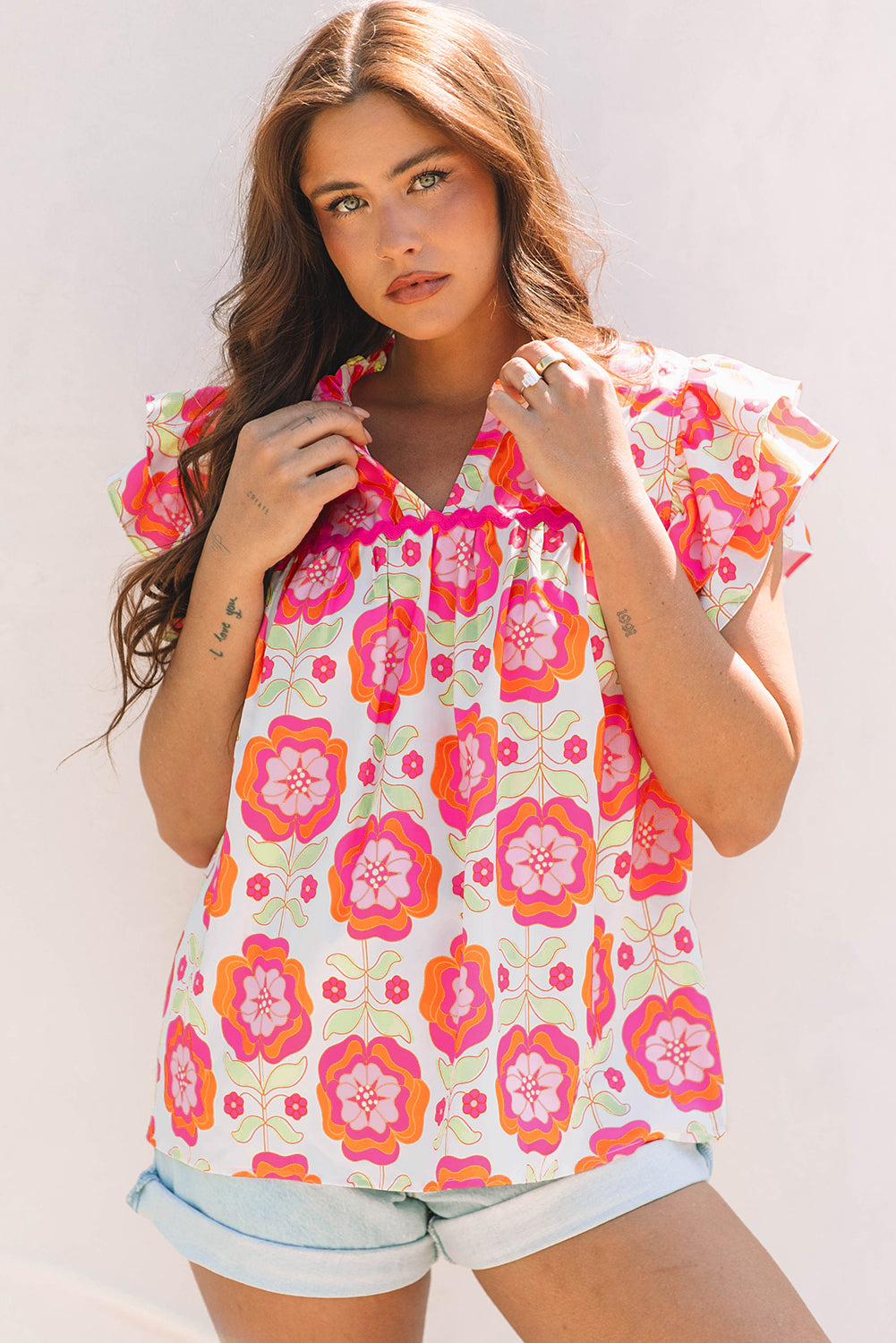 Floral Ruffled Sleeve Ric-rac Trim Split Neck Loose Blouse