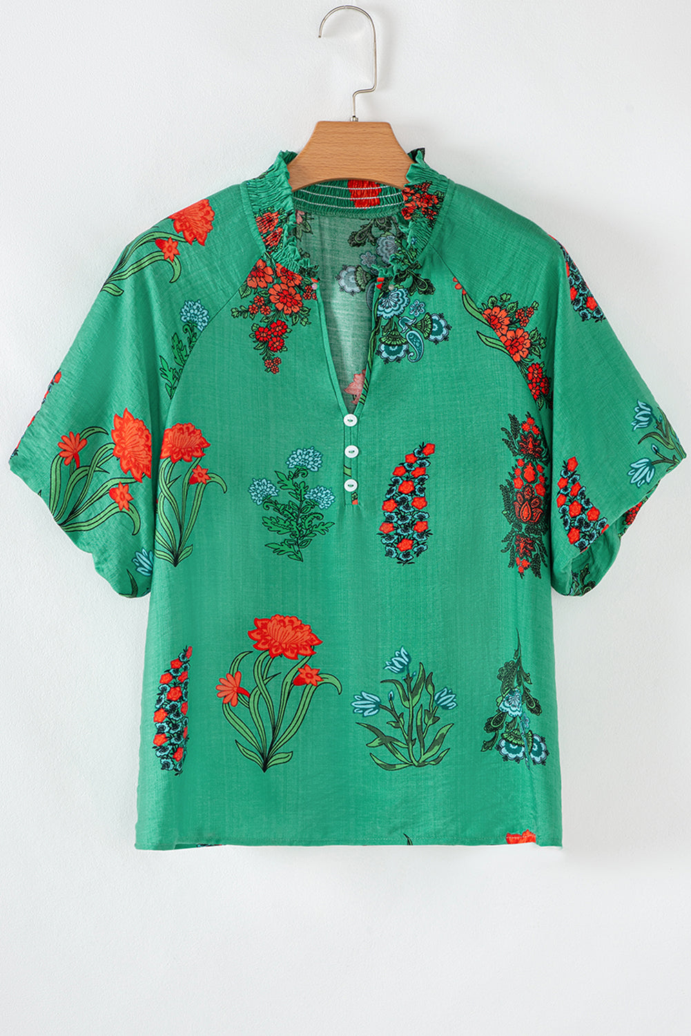 Floral Print Buttoned V Neck Short Sleeve Blouse