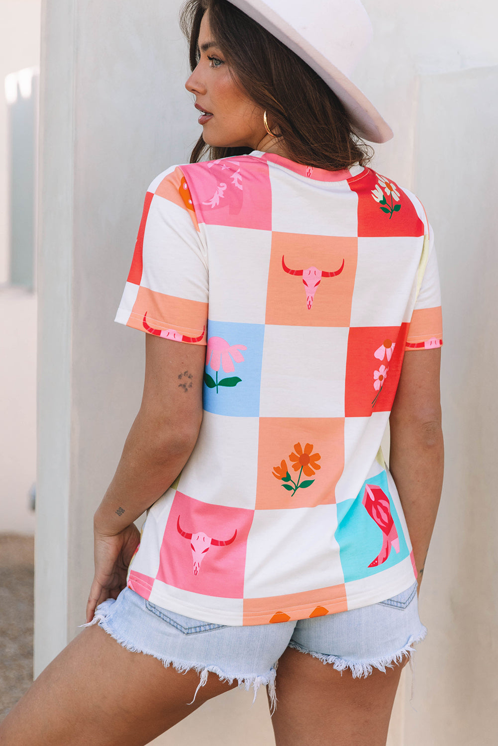 Western Fashion Checker Print Crewneck T Shirt