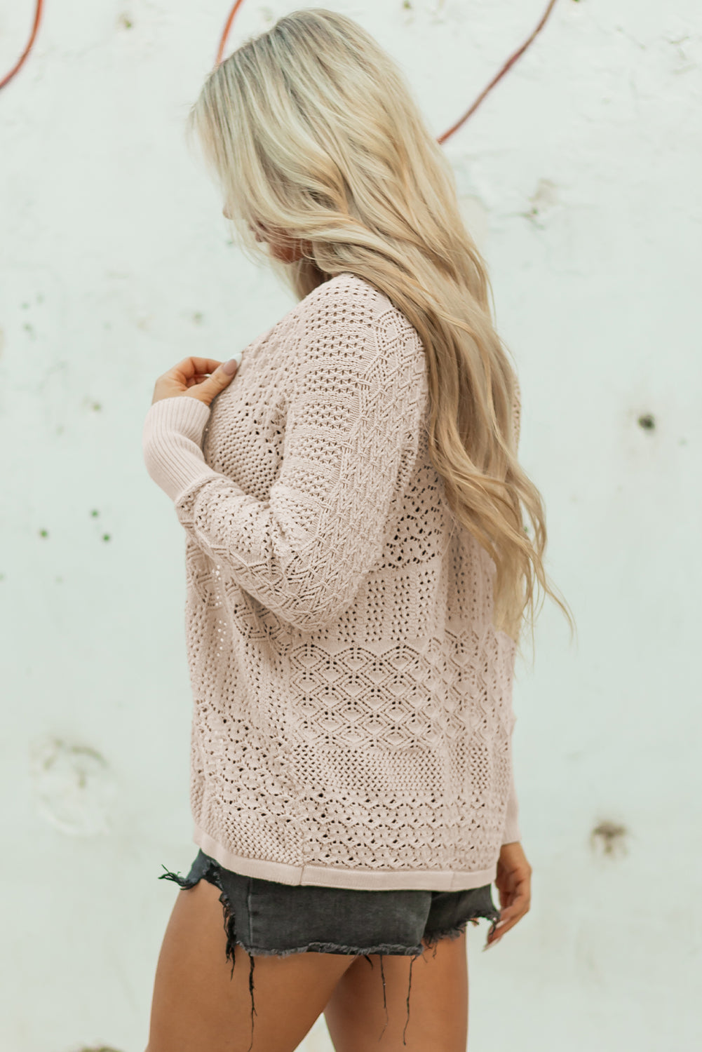 Mix Pattern Hollowed Knit Open Front Cardigan