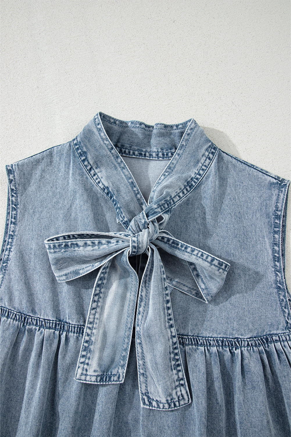 Bowknot Neck Sleeveless Ruffled Chambray Dress