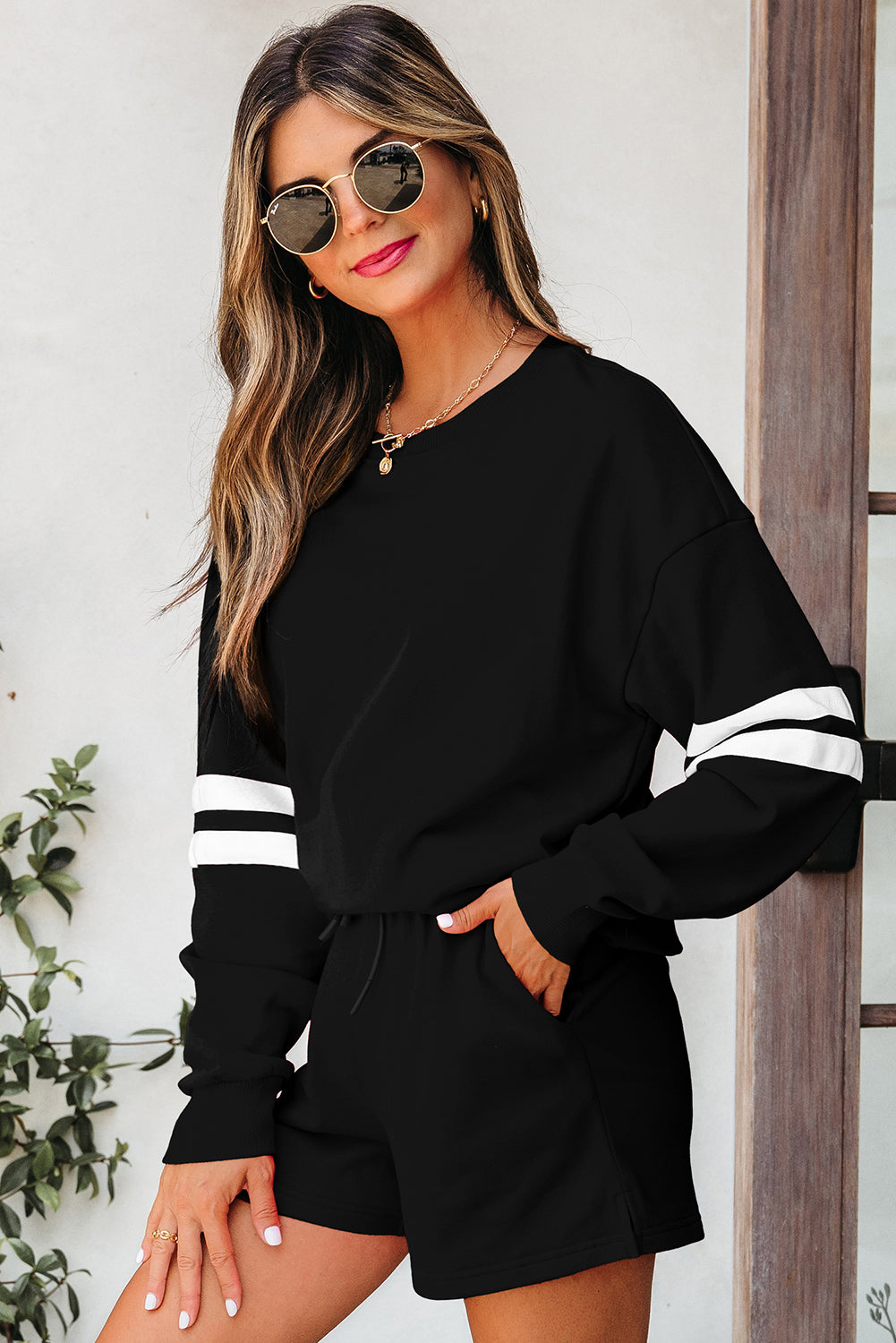 Varsity Striped Sleeve Drop Shoulder Sweatshirt and Short Set