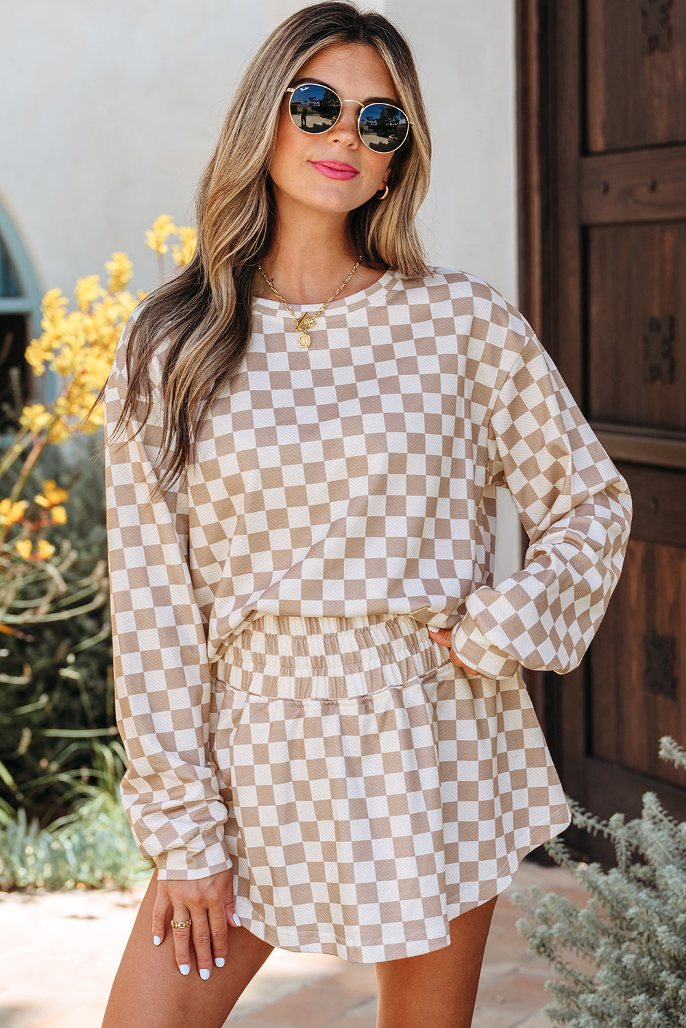 Checkered Long Sleeve Crop Top High Waist Skort 2pcs Set