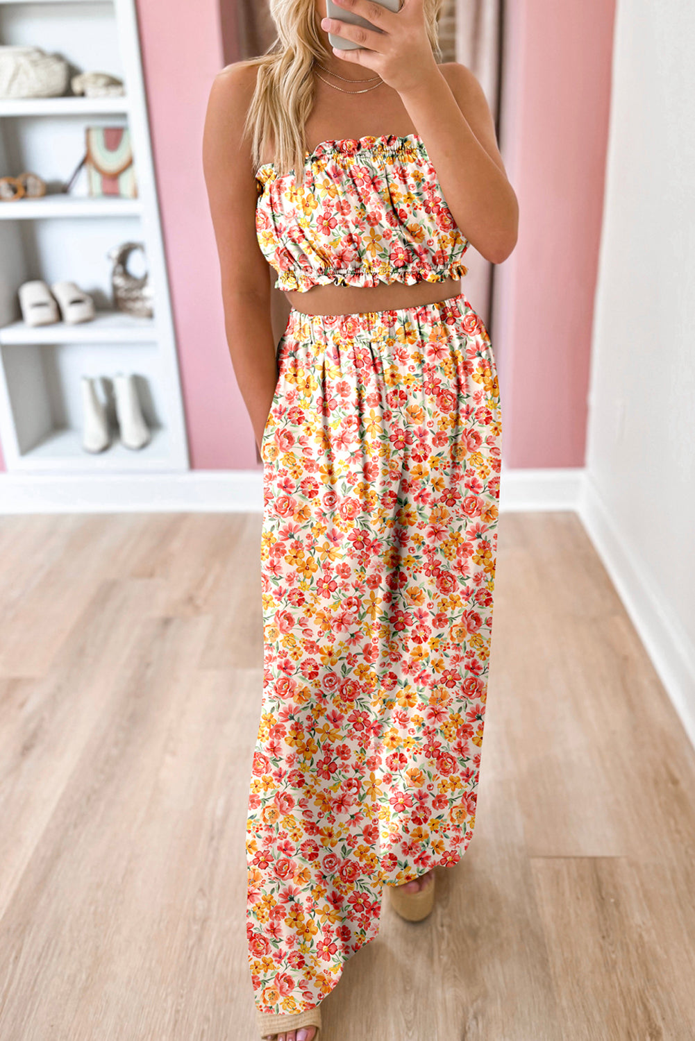 Boho Floral Bandeau Top and High Waist Wide Leg Pants Set