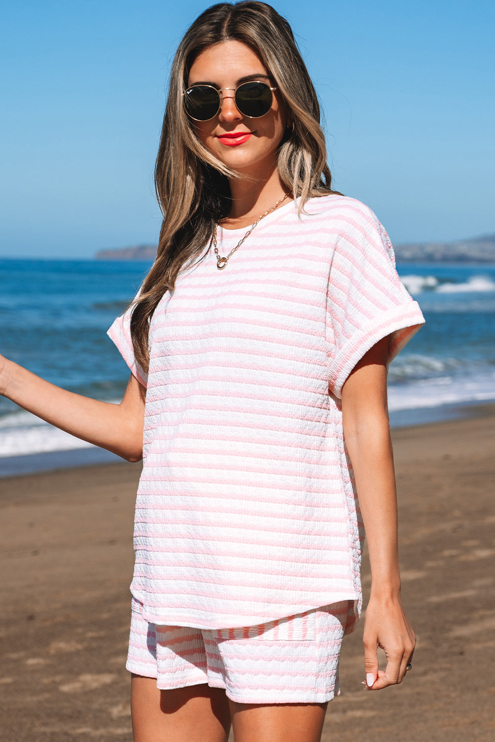 Knitted Short Sleeve Top and Drawstring Shorts Set