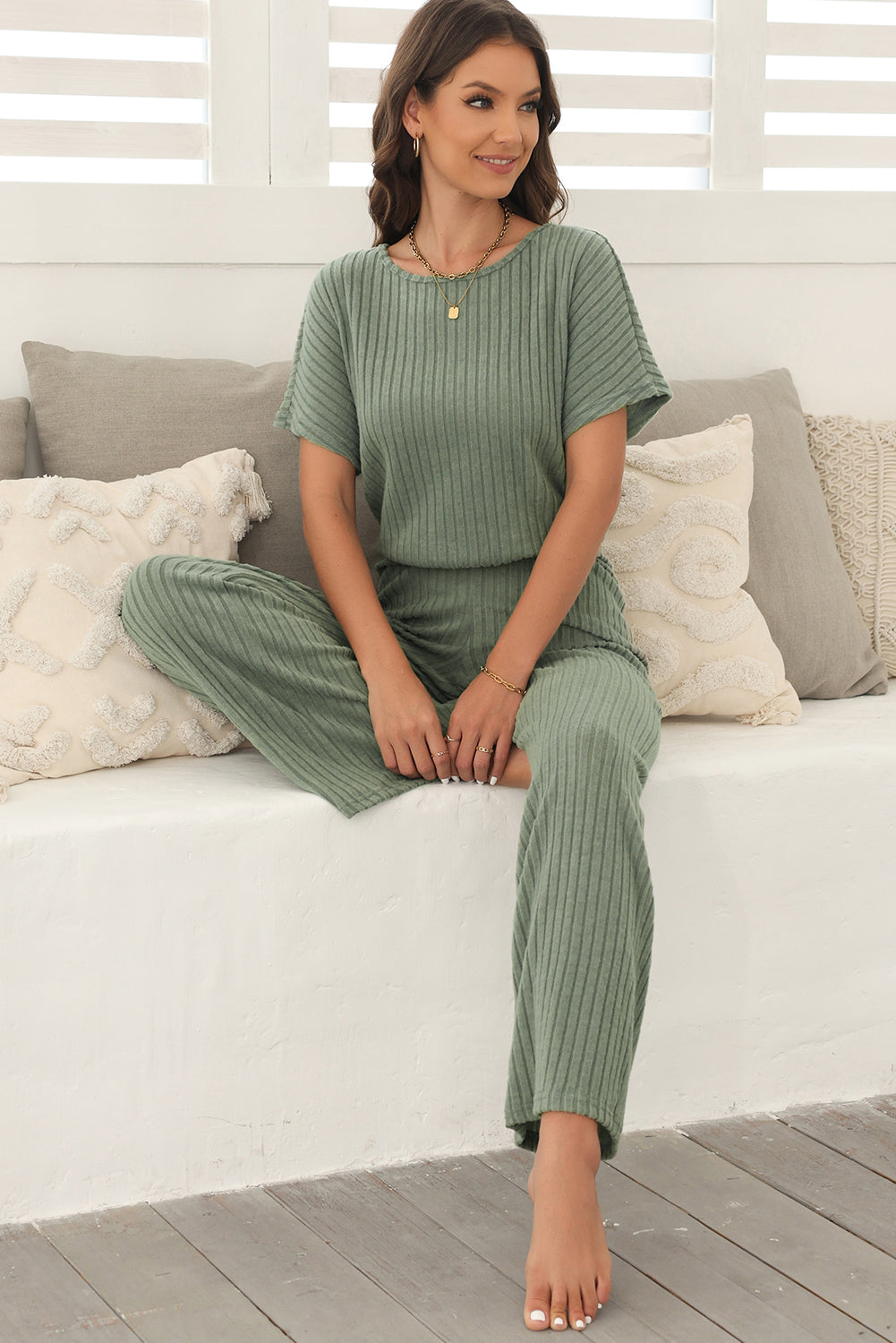 Ribbed Keyhole Short Sleeve Wide Leg Jumpsuit