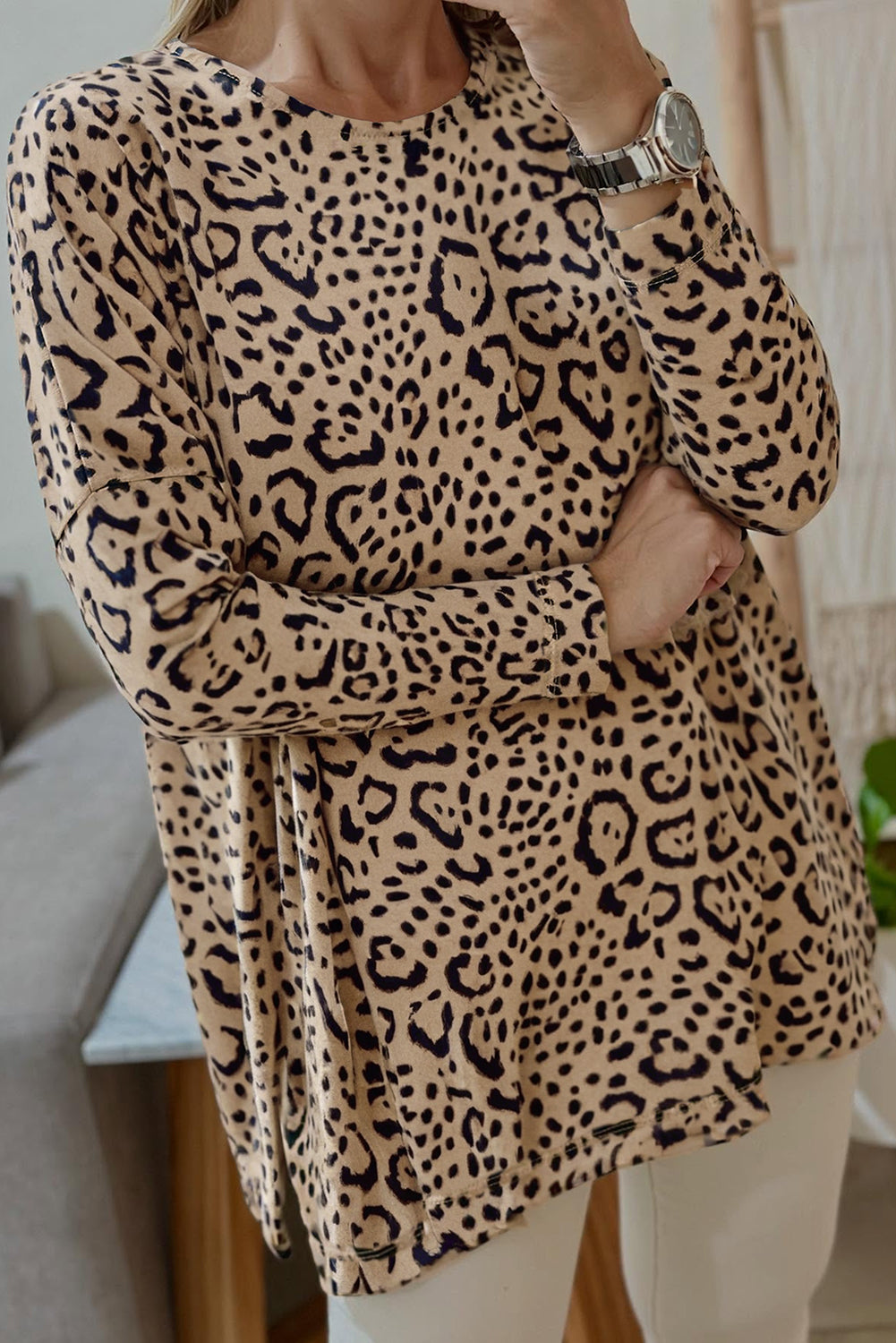 Leopard Print Long Batwing Sleeve Loose Top