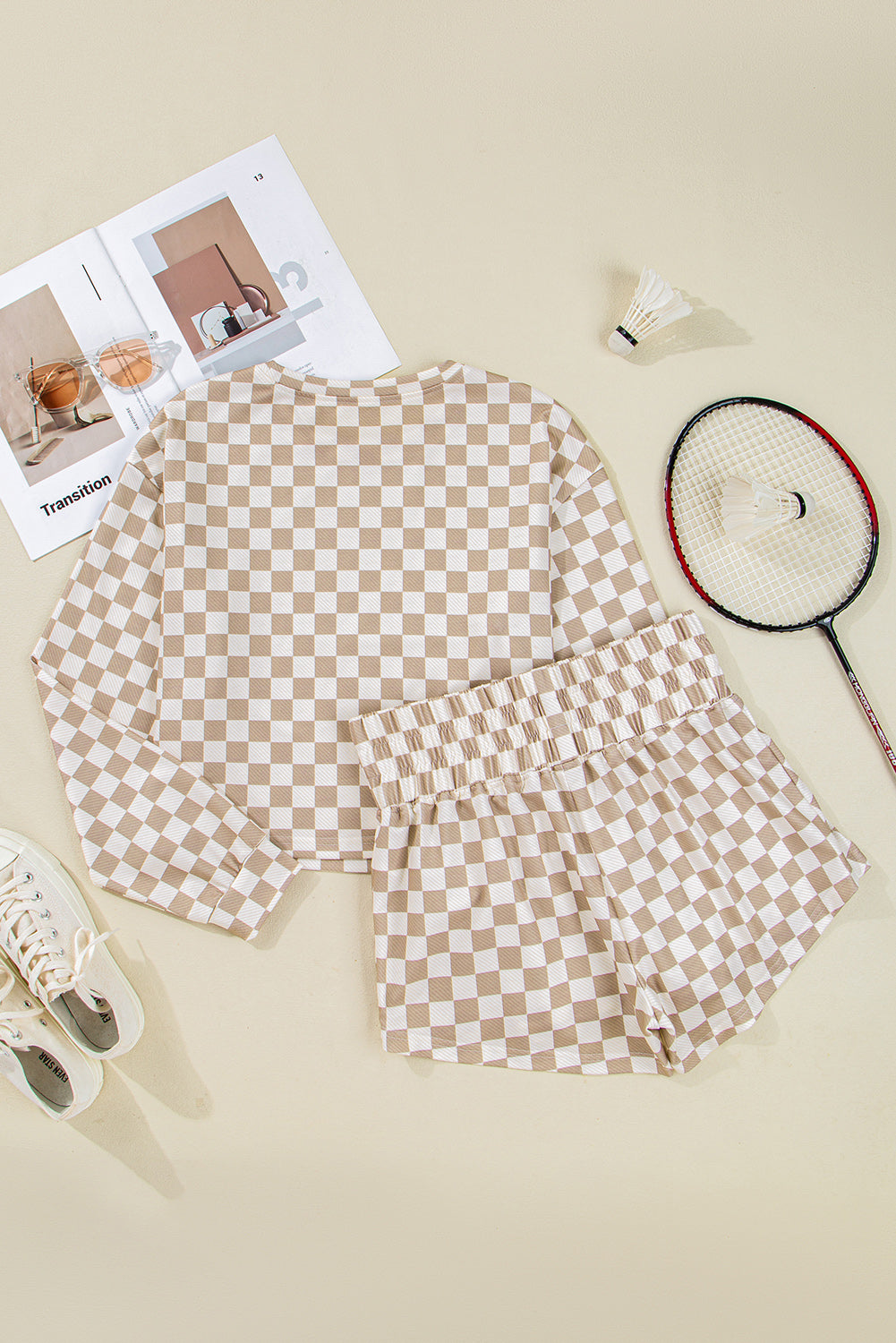 Checkered Long Sleeve Crop Top High Waist Skort 2pcs Set