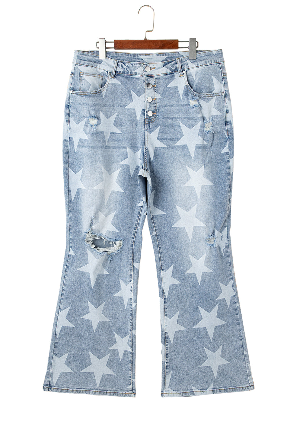 Star Printed Multi Buttons Slit Knee Destroyed Plus Size Jeans
