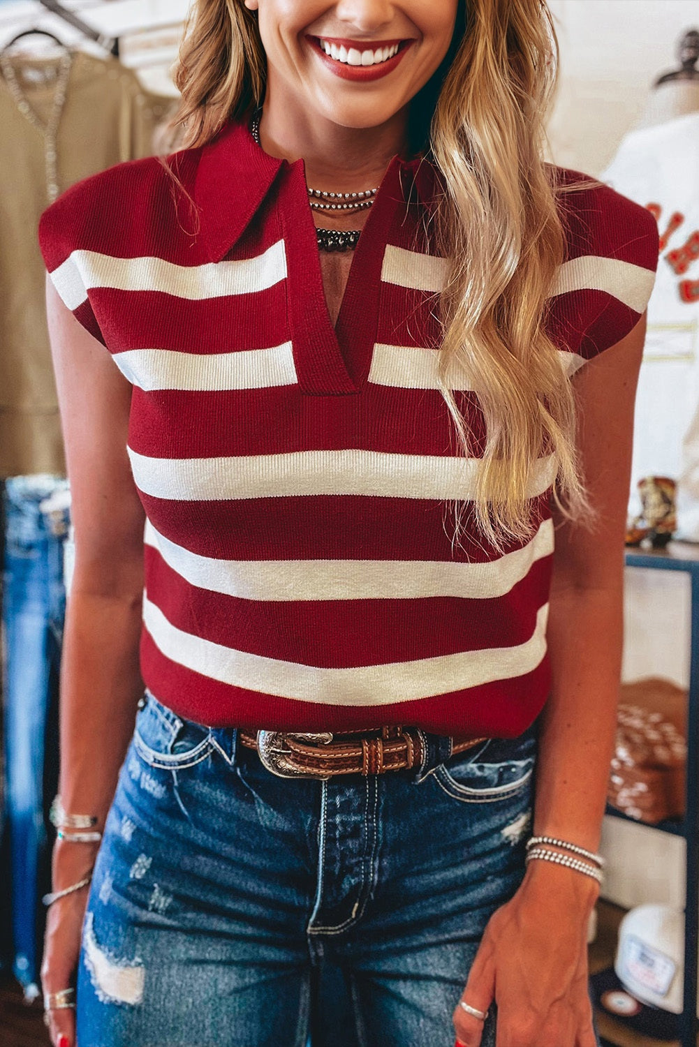 Stripe Collared Split Neck Sweater Vest