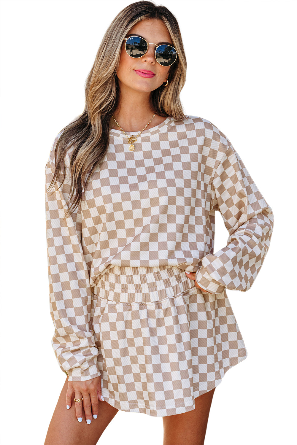 Checkered Long Sleeve Crop Top High Waist Skort 2pcs Set
