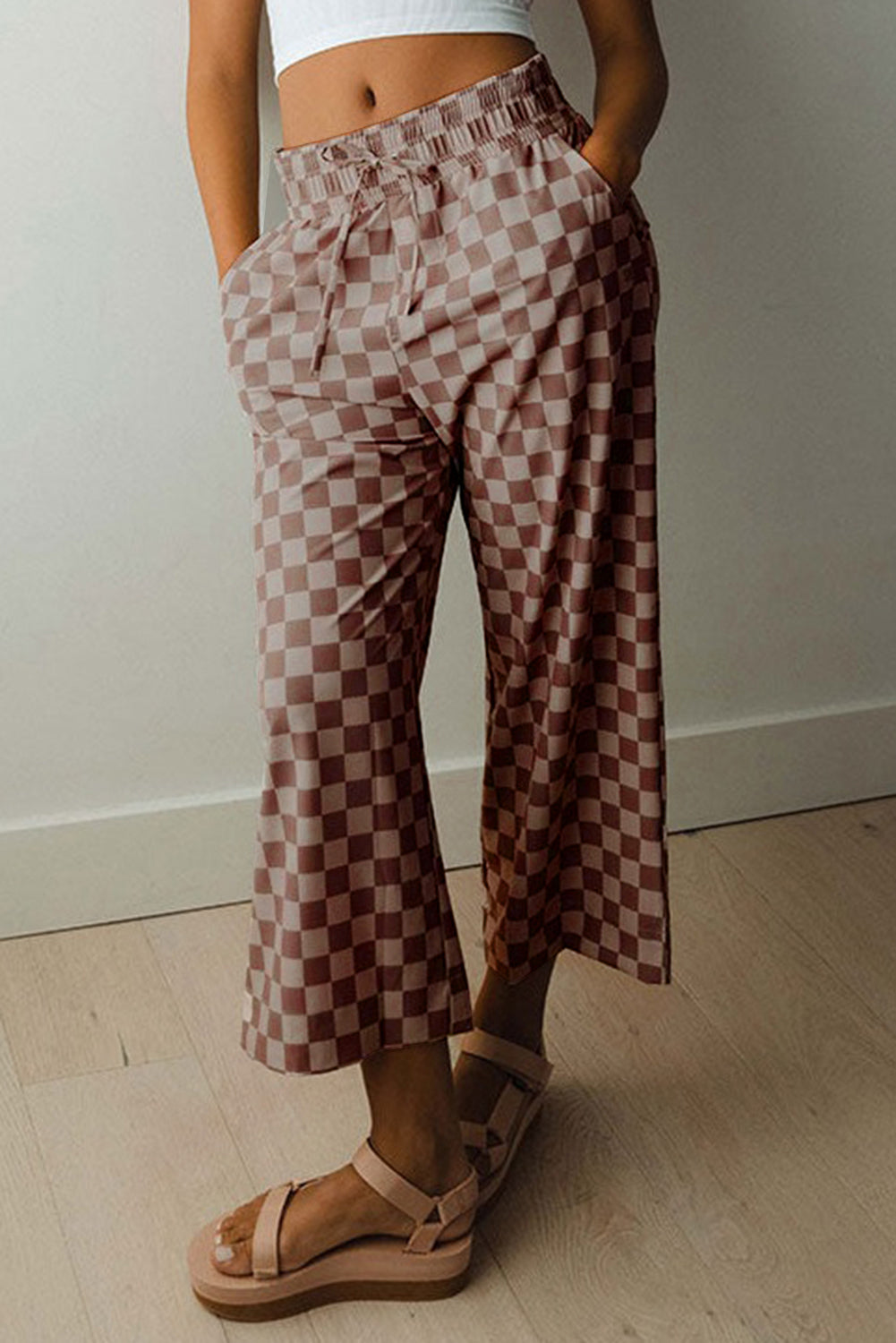 Checkered Elastic High Waist Loose Casual Pants