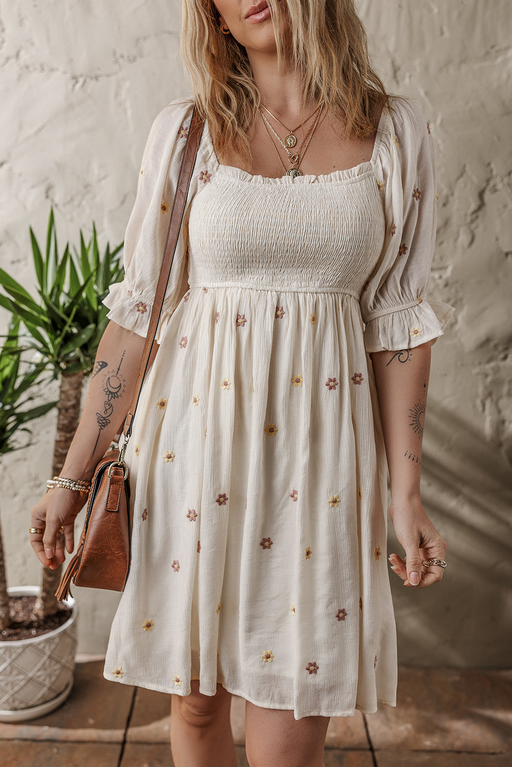 Embroidered Flower Smocked Bust Half Puff Sleeve Empire Waist Textured Flowy Dress