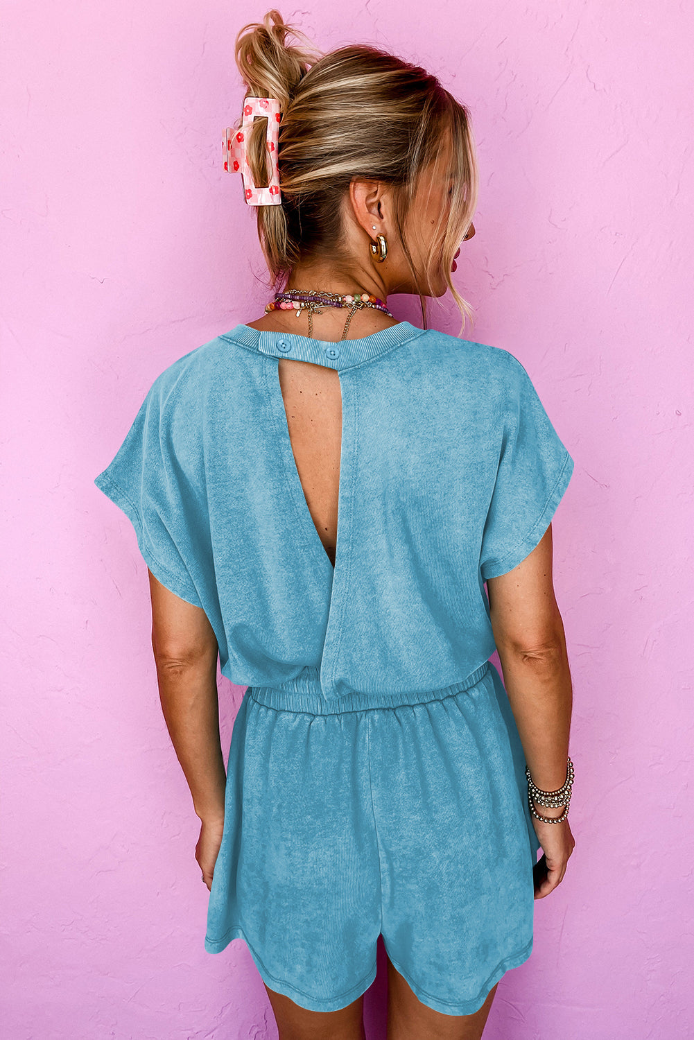 Mineral Wash Drawstring Waist Hollow Out Back Short Sleeve Romper