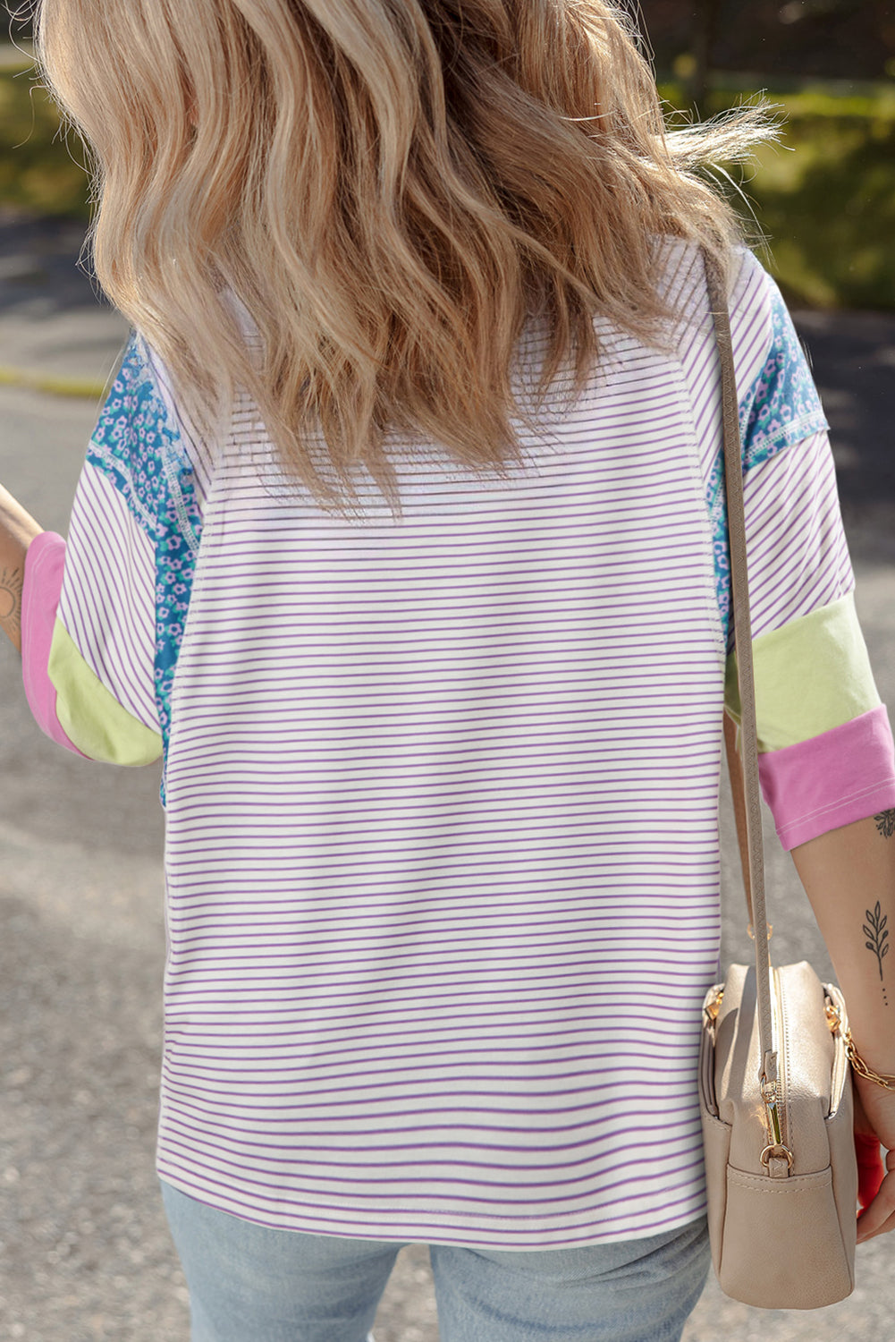 Floral Color Block Raw Edge Patchwork Bracelet Sleeve Blouse